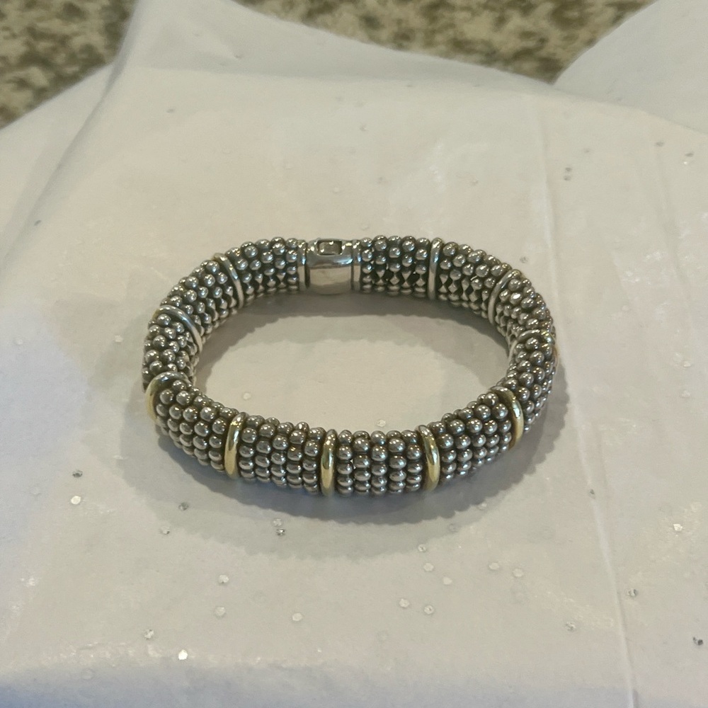 LAGOS Silver Beaded Bracelet with Gold Bands - Picture 8 of 11
